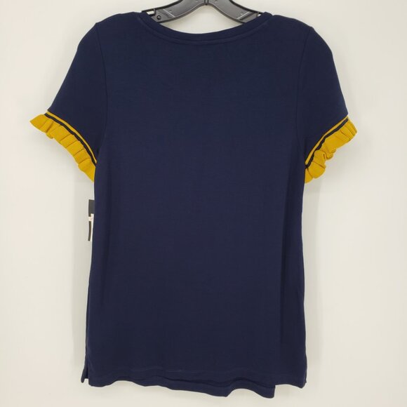 Crown & Ivy Knit Ruffle Trim Tee Shirt Top XS Short Sleeves Navy Blue Yellow NEW - Picture 2 of 8
